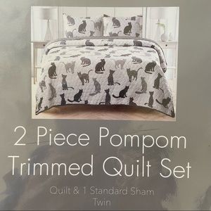 Black Cat Two Piece Pompom Collage Twin Bed Quilt Set